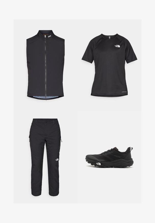 Vesta de ciclism neagră fără mâneci, cu un guler înalt, fermoar frontal și logo POC; are un căptușel din plasă cu un model subtil.; Tricou athletic scurt, de culoare neagră, cu un material texturat, având un logo alb pe partea stângă a pieptului și un tiv drept.; The North Face WINTER EXPLORATION TAPERED CARGO - Pantaloni outdoor - black; Pantofii de alergare pe teren accidentat, de culoare neagră, cu un superior texturat, talpă din cauciuc și vârf întărit. Prezintă un guler căptușit și o bandă de prindere pentru îmbrăcare ușoară.