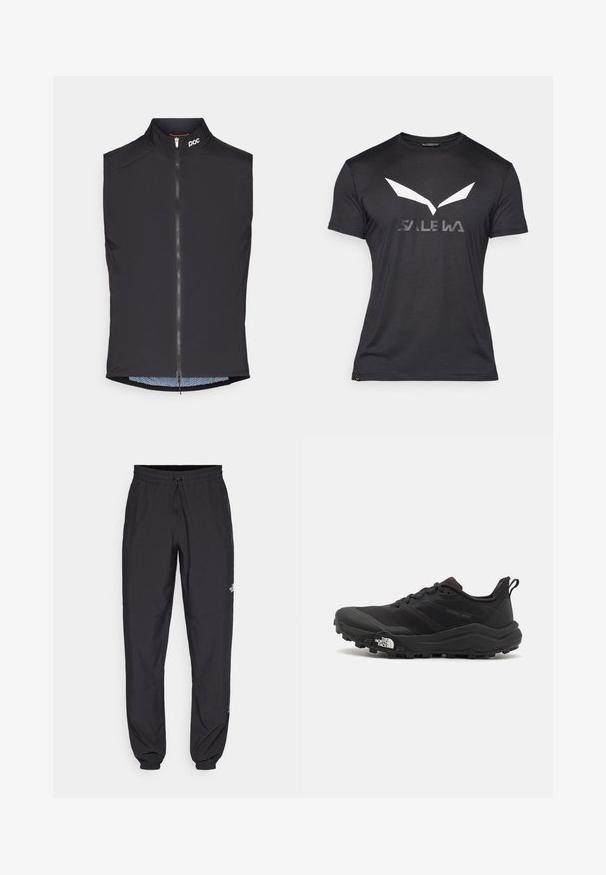 Schwarz ärmellose Radweste mit hohem Kragen, Frontreißverschluss und POC-Logo; verfügt über ein Netzinnenfutter mit einem dezenten Muster.; Schwarzes T-Shirt mit kurzen Ärmeln und einem großen weißen Logo, das Flügel ähnelt, sowie dem Wort "SALEWA" in Grau darunter. Glatte Stofftextur.; Schwarze Sporthosen aus leichtem Stoff, mit einem Kordelzugbund, seitlichen Taschen und schmal zulaufenden Bündchen an den Knöcheln.; Schwarzer Trailrunning-Schuh mit strukturiertem Obermaterial, Gummisohle und verstärkter Zehenkappe. Verfügt über einen gepolsterten Kragen und eine Ziehlasche für einfaches Anziehen.