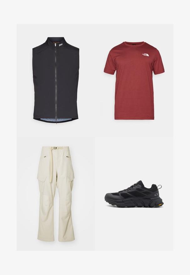 Must kollane ilma varrukatega jalgrattavest kõrge kaelusega, ees tõmblukk ja POC logo; omab sarnasest mustrist sisekatet.; The North Face M SS BOX NSE TEE - Trükipildiga T-särk - sumac/asphalt grey; Beežid värvikohvikad, lai jalg, vööga talje, kahe küljetaskuga ja põlvekohad. Ühtlane tekstuur koos tugevdatud õmblustega.; Mustavad spordijalatsid tugeva tallaga, võrgust ja sünteetilisest materjalist pealispind, tekstuuriga aktsendid ning Vibram bränding tallal.