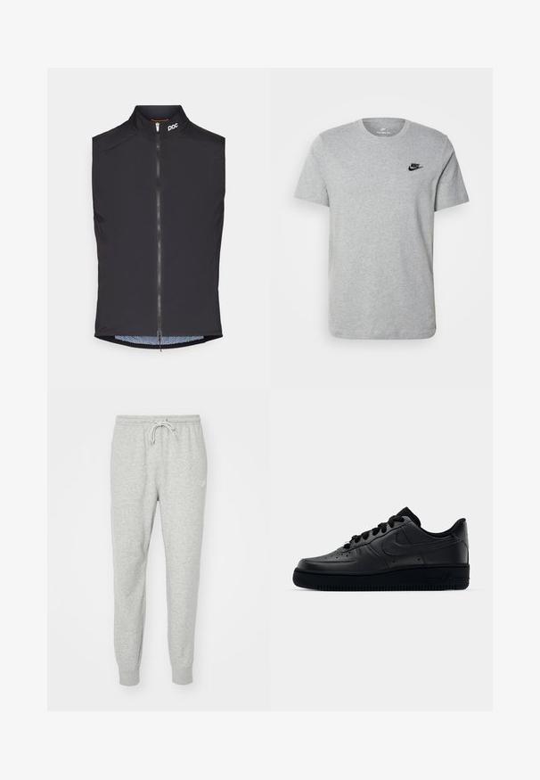 Schwarz ärmellose Radweste mit hohem Kragen, Frontreißverschluss und POC-Logo; verfügt über ein Netzinnenfutter mit einem dezenten Muster.; Graues T-Shirt mit kurzen Ärmeln aus Baumwolle, mit einem schwarzen Nike-Logo auf der Brust und einem runden Ausschnitt. Minimalistisches Design ohne Muster.; Graue Sweatpants aus weichem Material mit elastischem Bund, Kordelzug und Rippbündchen. Mit kleinem Logo an der Seite.; Schwarzer Nike Air Force 1 Schuh mit einem glatten Lederoberteil, perforierter Zehenpartie für Atmungsaktivität, schwarzen Schnürsenkeln und einer strukturierten Gummisohle.