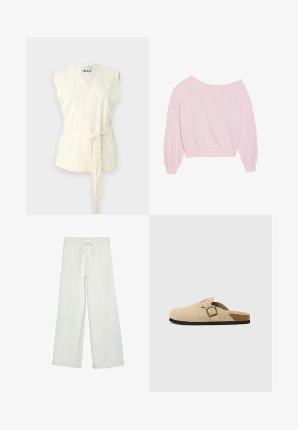 Ivory bezrukavni wrap top s remenom, s teksturiranom tkaninom i V-izrezom. Nema dodatnih uzoraka ili ukrasa.; Ružičasti dukserica bez ramena s dugim balonskim rukavima i uskim pojasom. Glatka tekstura s rebrastim manžetama. Bez uzoraka ili dodataka.; Bijele hlače širokog kroja od mekog materijala. Imaju elastični pojas s vezicom i glatku teksturu. Nema vidljivih uzoraka ili metalnih dijelova.; Bež semisoft cipele s otvorenom petom, s plutenom unutrašnjosti, zaobljenim nožnim prstom i jednostavnom trakom sa zlatnim kopčanjem. Gumeni potplat za bolji grip.