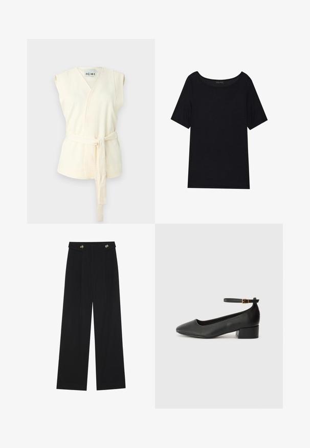 Ív színű, ujjatlan, megkötős blúz, texturált anyaggal és V-nyakkivágással. Nincsenek további minták vagy díszítések.; Fekete, rövid ujjas póló, széles dekoltázzsal. Puha, könnyű anyagból készült. Egyszerű, mintás vagy díszítés nélküli dizájn.; Fekete, bő szárú nadrág magas derékkal, gombos részletekkel a derékrészen és elülső pliszékkal.; Fekete bőr magassarkú cipő hegyes orral és alacsony tömb sarkal. Bokapánttal rendelkezik, aranyszínű csattal. Simább textúra.