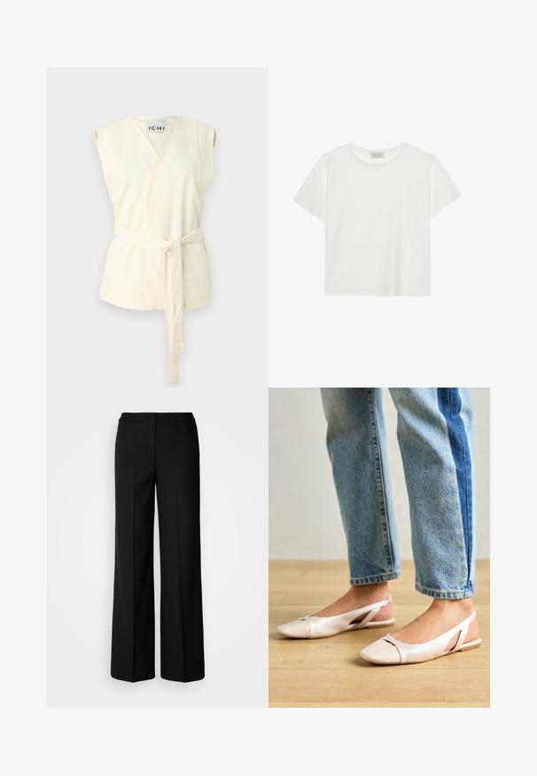 Elfenben fotsid wrap topp uten ermer med belte i livet, med teksturert stoff og V-halsdesign. Ingen tilleggsmønstre eller dekorelementer til stede.; Hvit T-skjorte med kort erm laget av myk bomull. Har rund hals og avslappet passform. Rent design uten synlige mønstre eller aksenter.; Svarte vide bukser med et glatt stoff, med høy livvidde, skreddersydde sømmer og et minimalistisk design. Ingen synlig maskinvare eller lommer.; Lys rosa slingback leiligheter med spiss tå, laget av et glatt, læraktig materiale. Har utskjæringer på sidene og lav hæl.