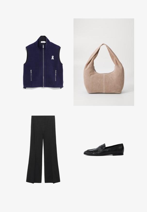 Marine-farbene Fleece-Weste mit hohem Kragen, frontalem Reißverschluss und zwei Reißverschlusstaschen; verfügt über ein weißes Logo auf der linken Brust und schwarzen Besatz.; Schwarzer Strickpullover mit Rundhalsausschnitt, langen Ärmeln und cropped Design. Hergestellt aus einem weichen Material mit glatter Textur.; Schwarze weit geschnittene Hose mit subtilen vertikalen Nadelstreifen und einem elastischen Taillenbund, flach auf einem weißen Hintergrund ausgestellt.; Schwarze Lederloafers mit runder Zehe, gestickten Details an der Vorderseite und flacher Sohle. Minimalistisches Design mit dezentem Logoakzent.; Hobo-Tasche aus weichem Wildledermaterial in einem hellen Beigeton. Verfügt über eine runde Form, einen breiten Riemen und einen Reißverschluss.