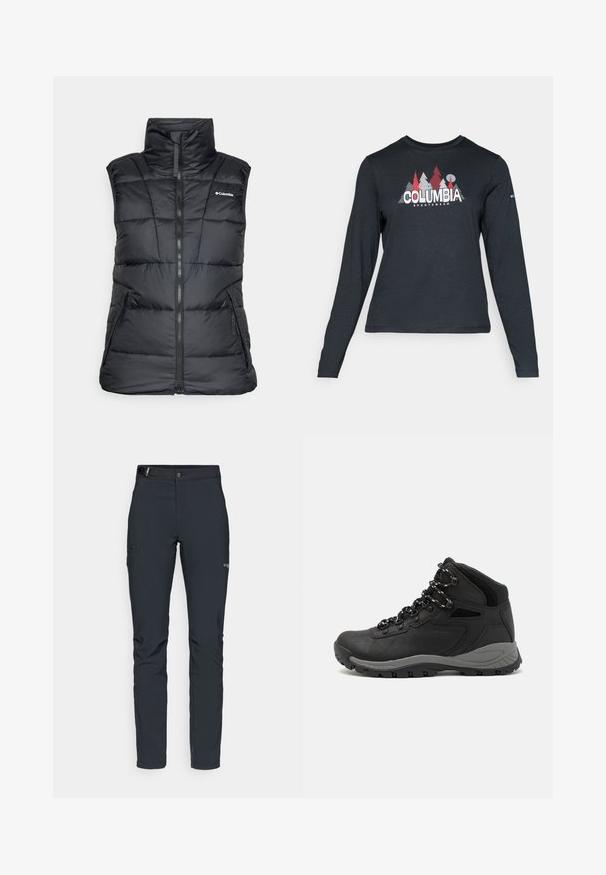 Zwarte puffer vest met hoge kraag, ritssluiting aan de voorkant en twee zijzakken. Heeft een gewatteerd patroon en een logo op de linkerborst.; Langsluitend donkergrijs shirt met lange mouwen, versierd met een grafisch ontwerp van rode bomen en bergen; het "COLUMBIA"-logo in vet witte tekst. Zacht materiaal, standaard ronde hals.; Heren buitenbroeken, donkergrijs, gemaakt van flexibel materiaal, met een riem, ritszakken en verstevigde stiksels.; Zwarte wandelschoen met een mid-top ontwerp, voorzien van een gestructureerde bovenkant, grijze accenten en een duurzame rubberen zool met gripnoppen.