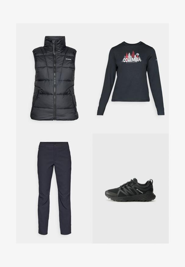 Zwarte puffer vest met hoge kraag, ritssluiting aan de voorkant en twee zijzakken. Heeft een gewatteerd patroon en een logo op de linkerborst.; Langsluitend donkergrijs shirt met lange mouwen, versierd met een grafisch ontwerp van rode bomen en bergen; het "COLUMBIA"-logo in vet witte tekst. Zacht materiaal, standaard ronde hals.; Navyblauwe broek van gladde stof, met een sluiting aan de voorkant met een knoop, slim-fit ontwerp en geplooide details bij de knieën.; Columbia PEAKFREAK - Outdoorschoenen - black