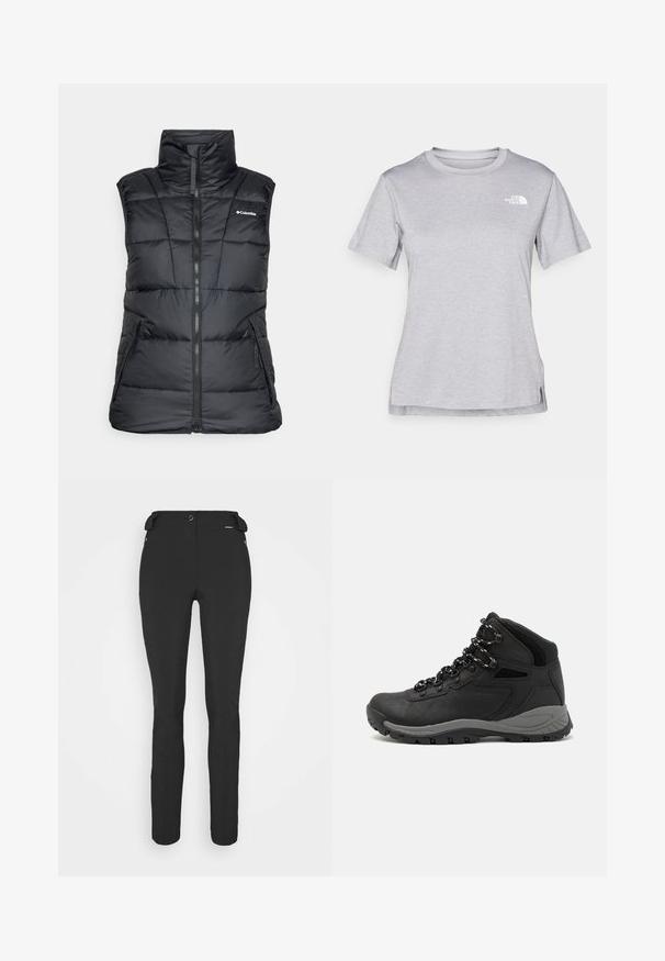 Crna prsluk od puffer materijala s visokim ovratnikom, zatvaranjem na zip i dva bočna džepa. Ima kvadratni uzorak i logo na lijevoj strani stražnjeg dijela.; Siva kratka majica s kratkim rukavima izrađena od mekog, tkanog materijala koji upija vlagu. Ima okruglu izrez i mali bijeli logo na gornjem lijevom dijelu.; Crne, uske hlače izrađene od fleksibilnog materijala. Karakteristike uključuju bočni džep sa zipom, artikulirana koljena i glatku teksturu.; Crne planinarske čizme s dizajnom srednjeg vrha, sa teksturiranim gornjim dijelom, sivim akcentima i izdržljivom gumom potplatom s uzorkom za prianjanje.