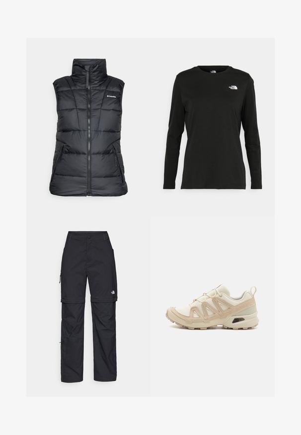 Fekete puffernyakkendő, magas gallérral, cipzáros elejével és két oldalsó zsebbel. Steppelt mintával és logóval a bal mellkasi részen.; Fekete, hosszú ujjú póló pamutból, kerek nyakkal. A bal mellrészen egy kis fehér logó található. Egyszerű dizájn és szabás.; Fekete nylon zipzáras cargo nadrág állítható mandzsettával, több zsebbel és logóval a jobb lábon. Simább, könnyű textúra.; Beige és krém színű sportcipő, texturált hálós felsőrésszel, támogató burkolattal és gumitalppal, amely tapadás érdekében bordázott mintázattal rendelkezik.
