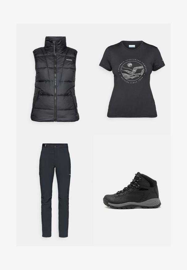 Črna puhovka brez rokavov z visokim ovratnikom, z zadrgo spredaj in dvema stranskima žepoma. Ima prešito vzorčenje in logotip na levem delu prsnega koša.; Črna majica Columbia z belim krožnim risanjem gora in reke ter napisom "Columbia Sportswear Company Outside Since 1938."; Moške zunanje hlače, temno siva, izdelane iz fleksibilnega materiala, z pasom, žepom na zadrgo in ojačanim šivanjem.; Črne pohodniške čevlje z srednje visokim dizajnom, ki imajo teksturirano zgornji del, sivi dodatki in vzdržljiv gumen podplat s protizdrsnimi izboklinami.