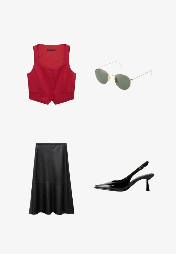Rote ärmellose Weste aus Stoff, mit rundem Ausschnitt, einer Knopfverschluss vorne und zwei seitlichen Taschen.; Braunes Langarmoberteil mit tiefem Rundhalsausschnitt, das große weiße Punkte aufweist und eine Raffung an der Taille für eine figurbetonte Passform hat.; Schwarzer Lederrock, A-Linien-Form, knielang, glatte Textur, Nahtdetails, ausgestellt gesäumt und unsichtbarer Reißverschluss hinten.; Schwarze Lackleder Slingback-Pumps mit spitzem Zeh, ausgeschnittenen Seiten, verstellbarem Knöchelriemen und einem dünnen, eleganten Absatz.; Sonnenbrille mit goldfarbenem Metallrahmen und grünen Gläsern, runder Form, dünnen Bügeln und weißen Kunststoffakzenten an den Enden der Bügel.; Goldene Creolen mit strukturiertem Finish, die entlang der Kante mit einer Reihe kleiner klarer Kristalle verziert sind und einen Steckverschluss haben.