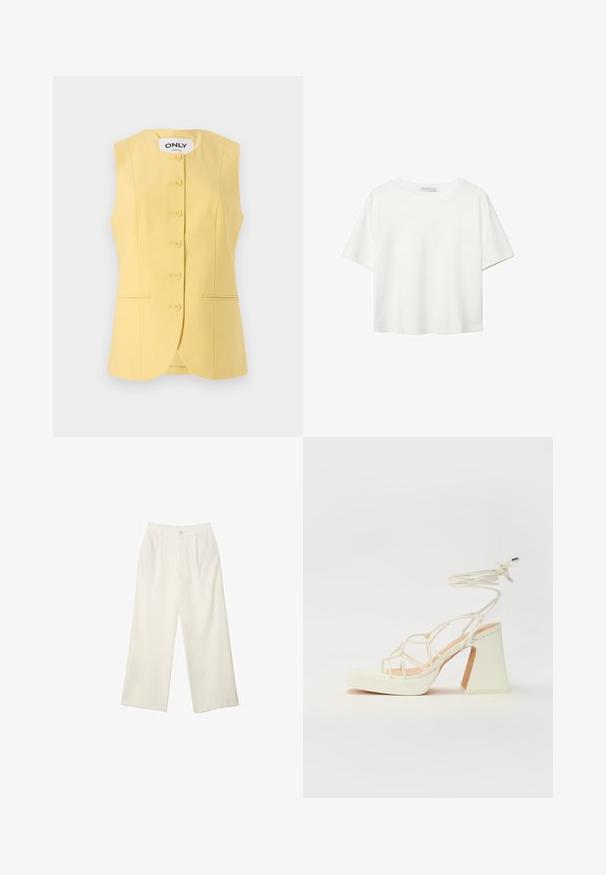 Rumena brezrokavnika s prilegajočim dizajnom, ki ima šest sprednjih gumbov in dva stranska žepa. Gladka tkanina z čistim zaključkom.; Bela kratka majica s kratkimi rokavi iz bombaža. Ima okroglo izrezovanje in sproščen kroj. Gladka tekstura brez vidnih vzorcev ali poudarkov.; Hlače širokih nogavic iz kremaste tkanine z gladko teksturo, z enim sprednjim gumbom, diskretnimi plisami in visokim pasom.; Bela sandala na visokih petah s debelim petam, ki ima obliko trakcev in vezanje okoli gležnja. Gladka tekstura z platformo spredaj za dodatno višino.