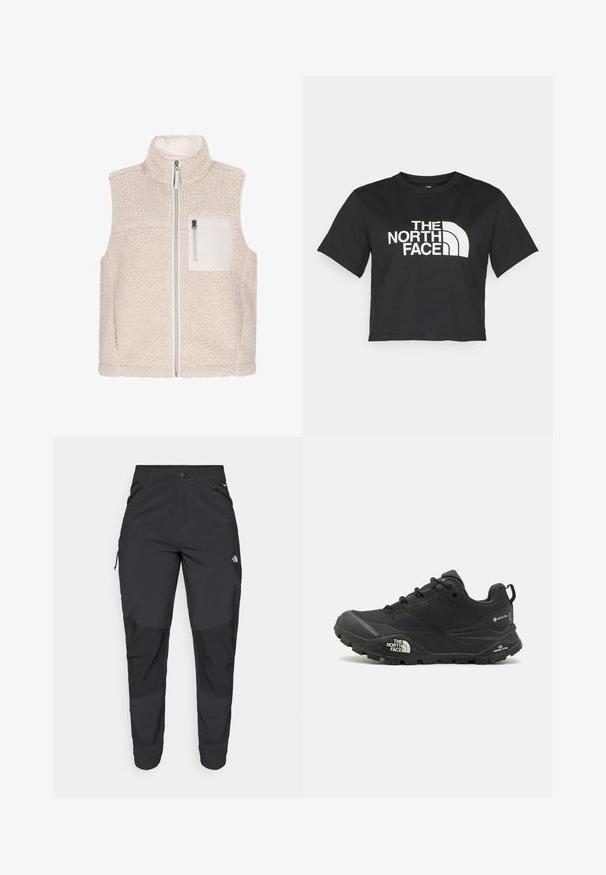Schmuddelwedda Väst - stein; Svart kortärmad t-shirt i bomull, med en vit logotyp med böjda accenter och texten "THE NORTH FACE" framtill. Kort ärm, rundad hals.; Svarta utomhusbyxor gjorda av slitstarkt material. Har fickor med dragkedja, förstärkta knäpaneler och en rak skärning för rörlighet.; Svart vandringsskor med en texturerad övre del, snörning och en kraftig gummisula som har en framträdande logotyp på sidan och mönster i sulan.