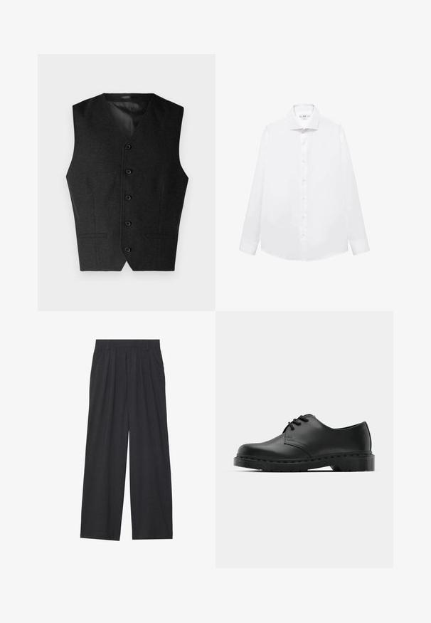 Ciemnoszara kamizelka z dekoltem w serek, pięcioma guzikami i dwiema przednimi kieszeniami, wykonana z teksturowanej tkaniny z gładką podszewką.; Biała koszula z długim rękawem wykonana z gładkiej bawełny, z kołnierzykiem typu wskazującego, z przodu z zapięciem na guziki i prostym wykończeniem dołu.; Szerokie spodnie wykonane z ciemnoszarego materiału. Posiadają pliski w talii, dopasowany krój oraz prostą sylwetkę.; Czarne skórzane półbuty oxford z zapięciem na sznurowadła, zaokrąglonym noskiem, płaską gumową podeszwą oraz subtelnym przeszyciem na cholewce.