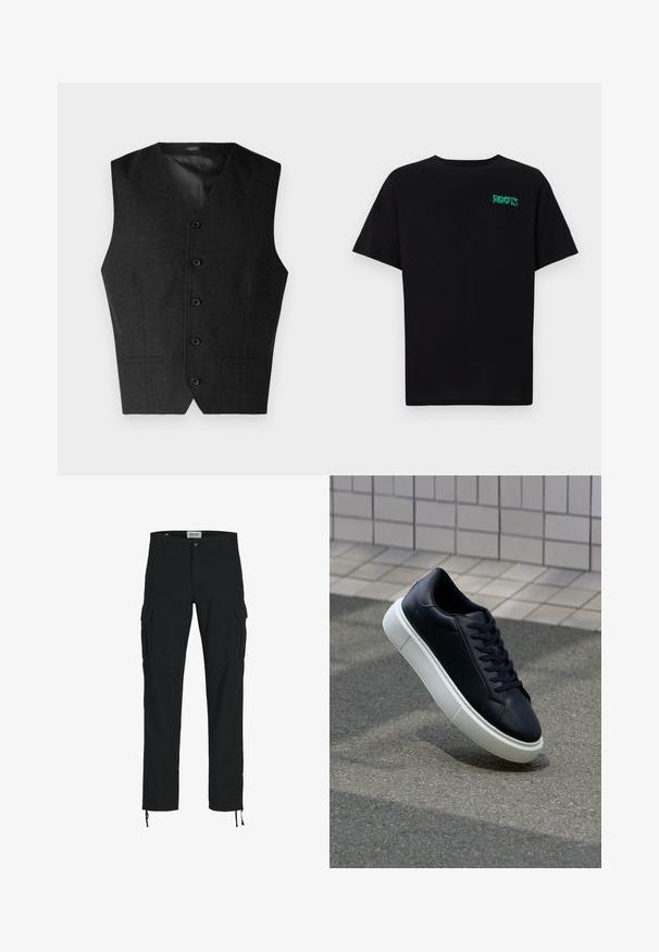 Tumesinine vest, millel on v-kujuline kaelus, viis nööpi ja kaks eest taskut, valmistatud tekstuursest kangast ja sileda voodriga.; Must t-särk, mis on valmistatud puuvillast, lühikeste varrukatega. Esipaneelil on roheline "ROOTS" logo, ümmargune kaelus ja tavapärane lõige.; Mustad mustad püksid sirge lõikega, külje taskutega, nööbiga kinni ja elastsete paeltega pahkluudes. Valmistatud vastupidavast kangast.; Mustast nahast tennisetoss, millel on ümar nina ja valge kummist tall. Omab siredaid paelu ja minimaalset õmblemist ülemises osas. Tekstuuriga tald, mis tagab haakuvuse.