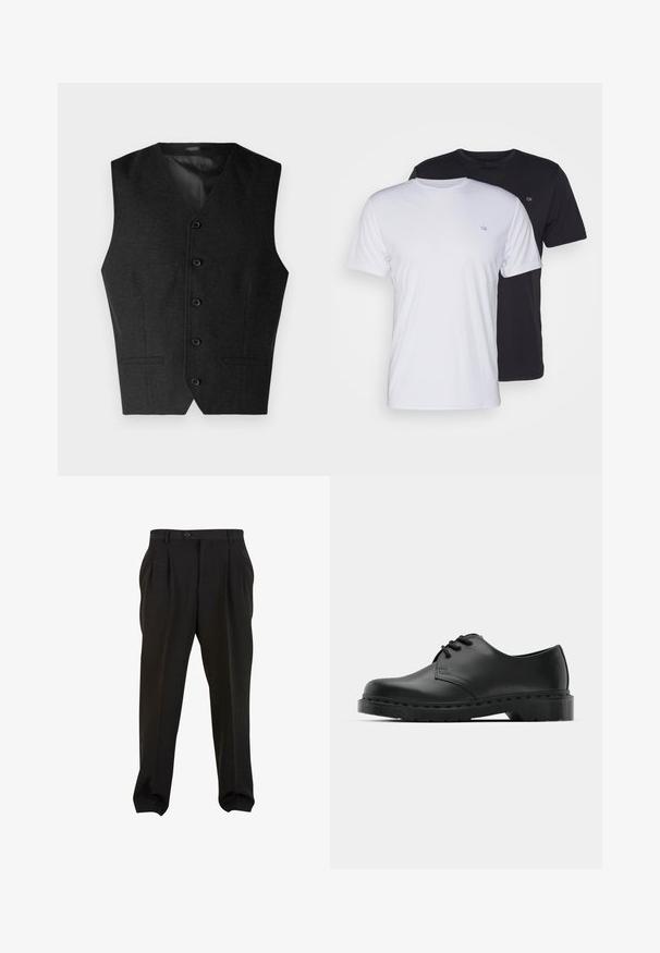 Vest gri închis cu decolteu în V, cinci nasturi și două buzunare frontale, confecționat dintr-un material texturat cu o căptușeală interioară netedă.; Două tricouri din bumbac, unul alb și unul negru, cu mâneci scurte și guler rotund, având un mic logo pe piept și o textură netedă.; Pantaloni negri dintr-un material neted, cu pliuri frontale, talie cu nasture și mansete tapered la glezne. Siluetă clasică, Croi elegant.; Shoe oxford din piele neagră, cu sistem de închidere cu șireturi, vârf rotunjit, talpă plată din cauciuc și detalii de cusătură subtile pe partea superioară.