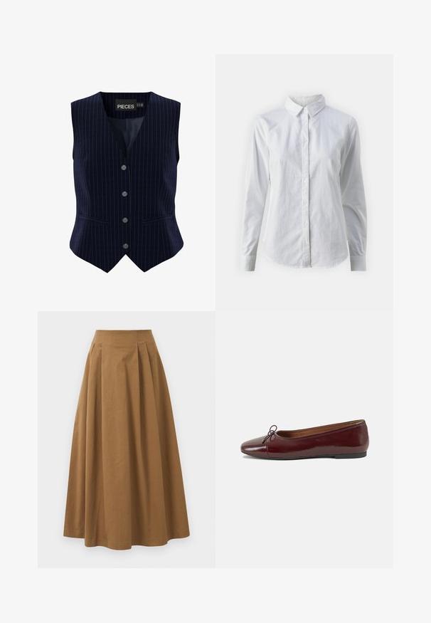 Mornarski plavi prugasti prsluk s pet dugmadi, dizajna u obliku slova V i dva bočna džepa. Izrađen od glatkog materijala s oblikovanim krojem.; Bjela košulja na dugih rukava od glatkog pamuka, s klasičnom kragnom i zakrivljenim rubom. Dugmad su mala i bijela.; Smeđa pamučna suknja A kroja s visokim strukom, koja ima nabore sprijeda i glatku teksturu. Završetci donjeg ruba su čisti i jednostavni.; Burgundska lakirana balerinka s zaobljenim vrhom, malim mašnom sprijeda i niskom, crnom gumenom potplatu. Glatka tekstura.