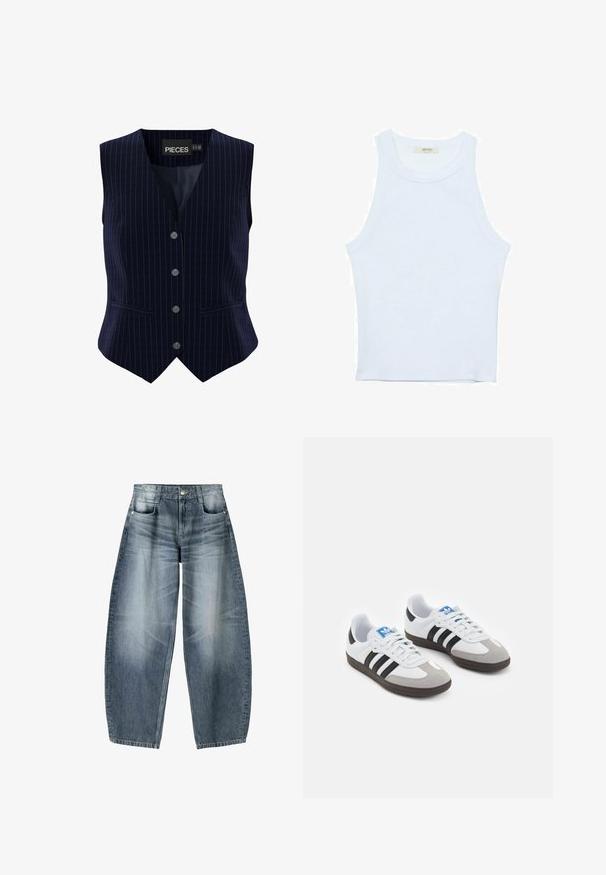 Námořnická modrá vestě s proužky a pěti knoflíky, s V-výstřihem a dvěma postranními kapsami. Vyrobena z hladkého materiálu s dobře strukturovaným střihem.; Bílý top bez rukávů, žebrovaná textura, kulatý výstřih, obtáhnutý střih, decentní značka na štítku uvnitř oblasti límce.; Džínsy s širokými nohavicemi vyrobené z světle modrého denimového materiálu s vybledlým vzhledem, s pěti kapsami, zapínáním na knoflík a minimálními stehy.; Sportovní boty s bílým koženým svrškem, šedou semišovou špičkou a třemi černými pruhy. Obsahují modré logo na jazyku a texturovanou gumovou podrážku.