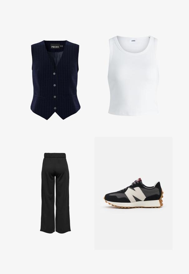 Tumed sinise triibuline vest viie nupukesega, V-kaelusega ja kahe küljetaskuga. Valmistatud siledast kangast, mis on struktureeritud lõikega.; Valge ribakujuline tank top, millel on ümmargune kaelus, varrukateta disain ja lühike pikkus. Silt ütleb "JJXX." Sile kangast tekstuur.; Mustad, laiad püksid elastse vöökohtaga, valmistatud siledast kangast. Omab lihtsat disaini, ilma taskute või nähtavate õmbluste detailideta.; Mustmust ja halli nubukist tennisajal on suur kreemjas "N" logo, lilla paelad ja tekstureeritud kummist välispohja.