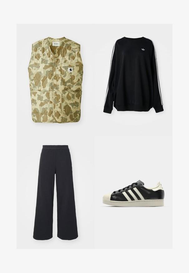 Camouflage-patterned vest with a quilted design, featuring a v-neck, four pockets, and a tag with a logo. Materials are durable and lightweight.; Black oversized sweatshirt in soft fabric, featuring white stripes along the sleeves and a small logo on the chest. Round neckline.; Black wide-leg sweatpants made from soft fabric, featuring an elastic waistband and a small logo on the left side.; Black leather sneaker with white stripes, rubber toe cap, black laces, and a cream-colored outsole. Smooth texture with shiny finish.