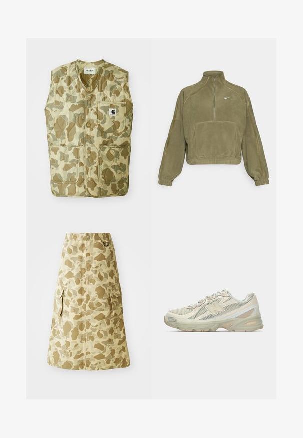 Tarnmuster-Weste mit einem gesteppten Design, V-Ausschnitt, vier Taschen und einem Etikett mit Logo. Die Materialien sind strapazierfähig und leicht.; Olivgrüner Fleece-Pullover mit halbem Reißverschluss, Fronttasche und Nike-Logo. Verfügt über elastische Bündchen und subtile Nähte.; Kaki-Rock mit Camouflage-Muster, aus einem glatten Material gefertigt, mit elastischem Taillenbund und zwei seitlichen Taschen.; Leichte Sneakers mit einem Obermaterial aus Netz in Beige und Creme, ausgestattet mit einem auffälligen "N"-Logo, gepolsterter Sohle und strukturierten Akzenten.