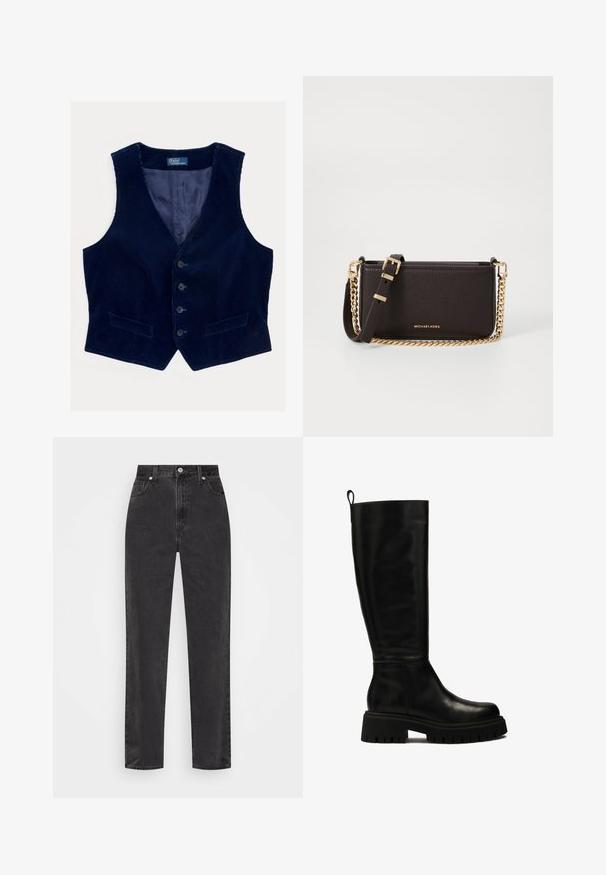 Polo Ralph Lauren - Kamizelka; Biała koszula zapinana na guziki z długimi rękawami, z wyraźnym kołnierzykiem i zaokrąglonym dołem. Wykonana z gładkiego, jednolitego materiału bez widocznych wzorów ani akcentów.; Czarne dżinsy o prostych nogawkach z wysokim stanem, z przodem zapinanym na guzik i zamek, oraz pięcioma kieszeniami na białym tle.; Czarne skórzane botki do kolan o smukłym designie, okrągłym nosku i masywnej gumowej podeszwie z głębokimi rowkami oraz uchwytem na górze.; MICHAEL Michael Kors BRYANT brązowy