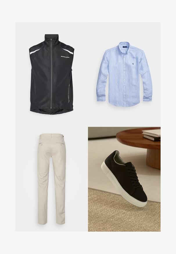 Fekete kerékpáros mellény magas gallérral, elöl cipzárral, fényvisszaverő fehér részletekkel és texturált válldarákkal. A hátulja lekerekített. ; Kék és fehér csíkos, hosszú ujjú pamut ing, gombos gallérral, elől gombokkal és egy kis hímzett logóval a mellkason.; Beige nadrág sima felülettel, egyenes szabással, két gombos hátsó zsebbel és normál derékrésszel.; Fekete sneakers fehér talppal lebeg egy bézs textúrájú szőnyeg felett, egy kerek fából készült asztal közelében, rajta egymásra pakolt könyvekkel.