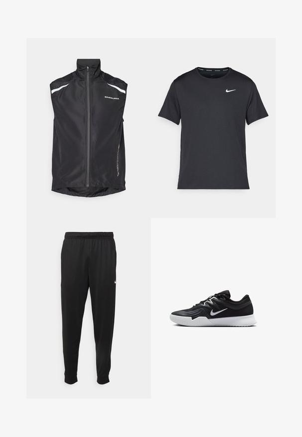 Colete de ciclismo preto com colarinho alto, fecho frontal, detalhes refletivos brancos e texturização nos ombros. Apresenta uma barra arredondada na parte de trás.; T-shirt de corrida Nike preto, feito de material leve e respirável, com mangas curtas e um pequeno logo branco no peito.; Calças de desporto pretas feitas de tecido suave, com uma cintura elástica, pernas ajustadas e um pequeno logo branco no lado esquerdo.; Sapatilha atlética preta com um cabedal texturizado, swoosh branco da Nike e uma sola de borracha branca. Apresenta um design com atacadores e uma forma dinâmica.