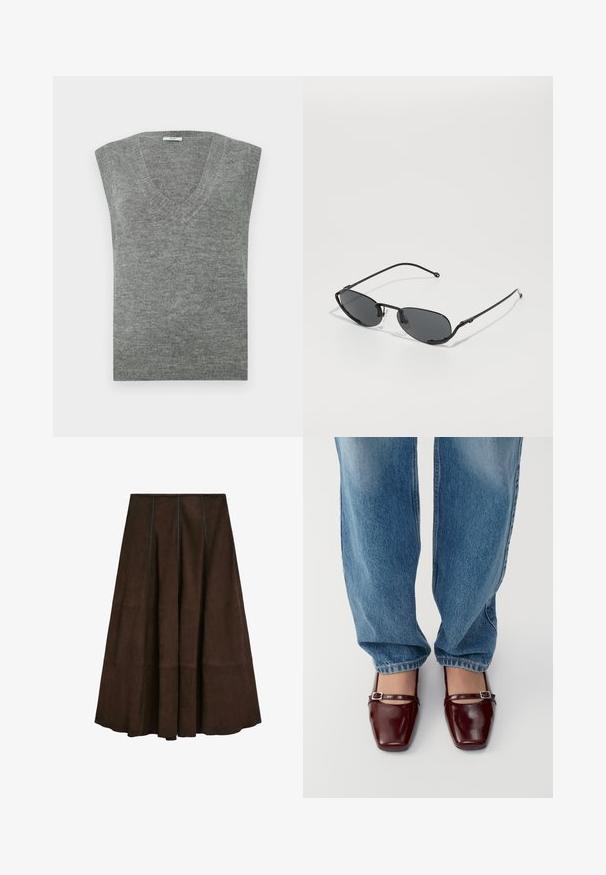 Šedý bezramínkový svetr s výstřihem do V vyrobený z měkkého materiálu s hladkým povrchem a žebrovaným výstřihem. Jednoduchý design, bez vzorů či akcentů.; Dlouhý rukáv, top s odhalenými rameny ve světle taupe barvě. Vyrobeno z měkké tkaniny s volným výstřihem a přiléhavými rukávy.; Hnědá semišová midi sukně s volánovým designem a vertikálními švy, s hladkou texturou a širokým lemováním.; Burgundské lakované boty se čtveratým špičkou a páskem kolem kotníku, spárované s lehkými modrými volnými džíny. Boty mají lesklý povrch.; Černé sluneční brýle s úzkými oválnými čočkami, tenkým kovovým rámem a nastavovacími nosníky. Mají elegantní, minimalistický design.