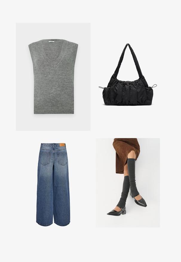 Grå, ærmeløs V-hals genser laget av mykt materiale med en glatt tekstur og ribbet halslinning. Enkelt design, uten mønstre eller detaljer.; Hvit langermet crop topp laget av ribbete stoff. Har en rund halslinning og en tettsittende design. Etikett synlig inni ved halsen.; Bredde ben denim culottes i middels blå vask med en falmet tekstur, med to baklommer og en brun lærmerke på midjebåndet.; Sorte lakkpumps med spiss tå, blokkhel, og ankelstropp, kombinert med grå ribbestrikkede beinvarmere og et brunt semsket skinn skjørt.; Svart stoffhåndveske med rynket tekstur, to skulderstropper og snøring på sidene. Glatt, lett materiale.