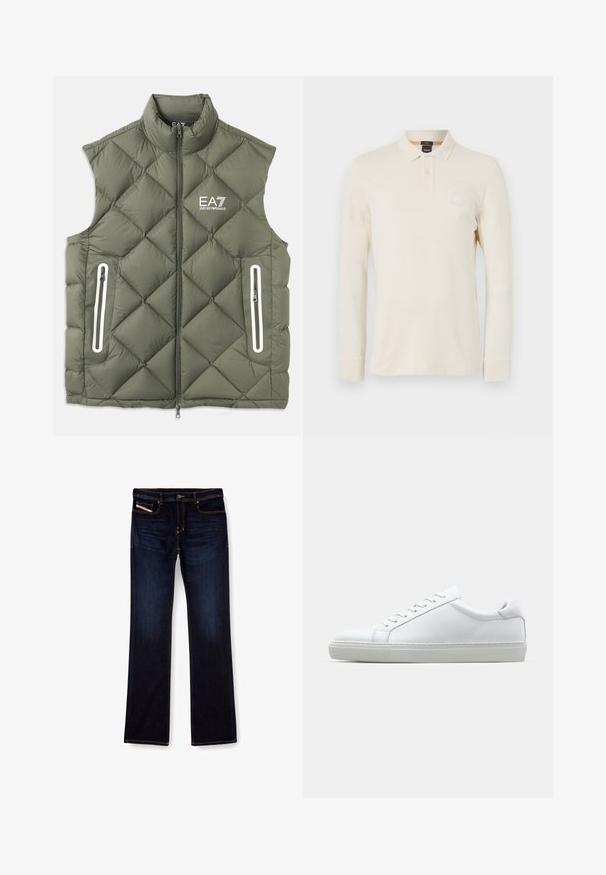 Alyvuogių žaliai surišamas pūkuotas liemenė su aukštu apykakle, priekiniais užtrauktukais ir dviem užtrauktukais uždaromomis kišenėmis. Yra baltos detalės ir logotipas ant krūtinės.; Šviesiai smėlinė ilgų rankovių polo marškinėliai, pagaminti iš glotnaus audinio, su polo apykakle, dviejų mygtukų užsegimu ir maža logotipo etikete ant krūtinės.; Tamsiai mėlynos džinsinės kelnes su tiesiu kirpimu, su oranžiniu siuvu, užtrauktuku ir priekinėmis kišenėmis. Lygi tekstūra ir standartinė juosmens dalis.; Baltas sportinis batelis su lygiu odiniu paviršiumi ir žemu profiliu. Turi suapvalintą pirštą, šešis akių skyrius ir tekstūruotą gumos padą.