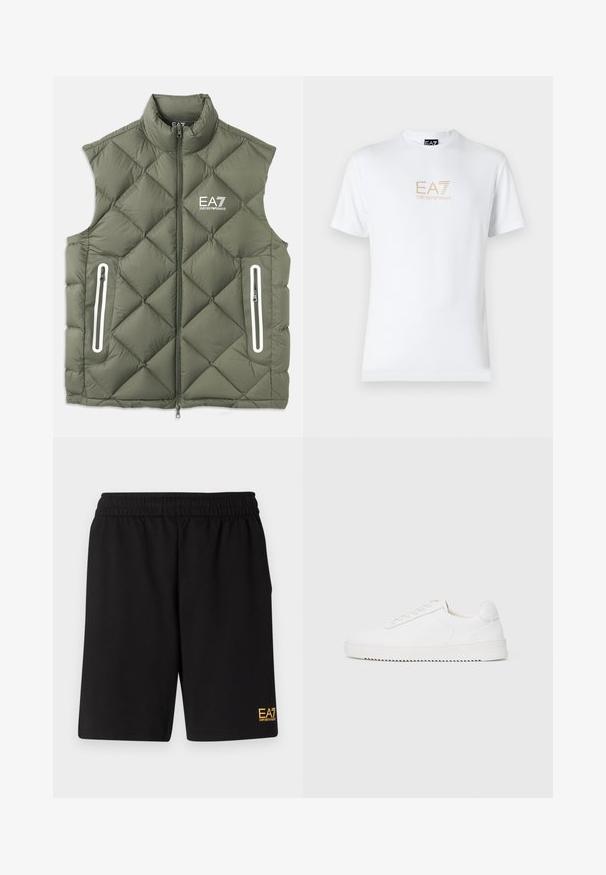 Olive zelena prešita puffer brezrokavnik z visokim ovratnikom, sprednjim zadrgo in dvema žepoma z zadrgo. Z belimi poudarki in logotipom na prsih.; Bela bombažna majica s krožnim izrezom in kratkimi rokavi, s pozlačenim logotipom EA7 Emporio Armani natisnjenim spredaj.; Črne športne kratke hlače iz mehkega blaga, z elastičnim pasom in majhnim rumenim logotipom EA7 na spodnjem levem delu noge.; Bela teniska z gladkim usnjenim zgornjim delom, okroglim nosom, vezalkami, teksturiranimi stranskimi poudarki in debelim gumijastim podplatom. Minimalističen dizajn.