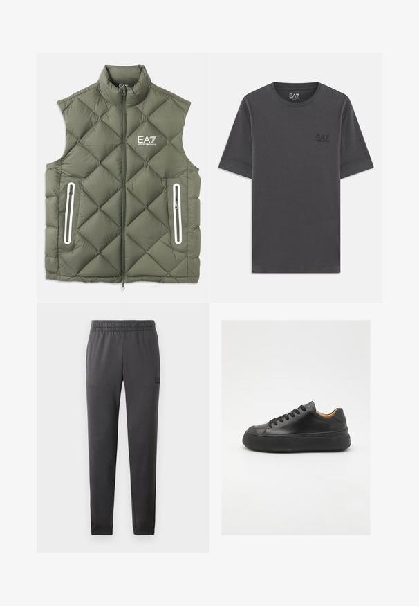 Maslinasto zelena podstavljena prsluk s visokim ovratnikom, prednjim patentnim zatvaračem i dva džepa sa patentnim zatvaračem. Ima bele akcentne detalje i logo na grudima.; Tamno siva pamučna majica s kratkim rukavima, regularnog kroja, s malim crnim EA7 logom na lijevoj strani prsnog koša. Glatka tekstura, klasični dizajn s okruglim izrezom.; Sive donje trenirke od glatkog materijala, s elastičnom trakom oko struka i suženim nogavicama. Minimalno brendiranje sa strane.; Crne kožne tenisice s okruglim vrhom, vezanjem sprijeda, glatkom teksturom, debelim gumenim potplatom i kontrastnim svijetlosmeđim unutrašnjim dijelom.