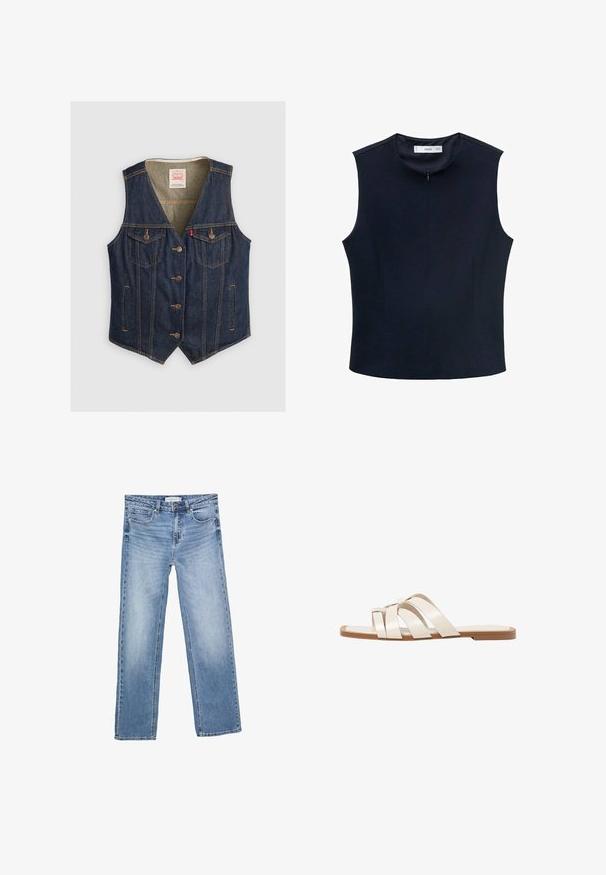 Dunkelblauer Denim-Weste mit V-Ausschnitt, fünf Knöpfen, zwei Brusttaschen mit Klappen und hellbraunen Nähdetails.; Navy ärmelloses Oberteil mit hohem Ausschnitt, aus glattem Stoff gefertigt. Verfügt über einen verdeckten Reißverschluss und vertikale Nähte für eine taillierte Passform.; Gerade geschnittene blaue Denim-Jeans mit einer verblassten Waschung, fünf Taschen und einer klassischen Knopfleiste. Aus Baumwollmaterial mit auffälligen Nähten.; Flache Sandalen mit einer honigfarbenen Gummisohle, gestaltet mit drei überlappenden weißen Lederriemen und einem kleinen Schleifendetail in der Mitte.