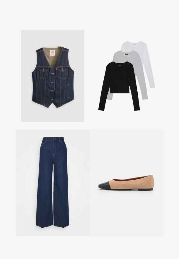 Denimväst i mörkblått, med V-ringning, fem knappar, två bröstfickor med lock och ljusbruna broderidetaljer.; Tre långärmade tröjor staplade: svart, grå och vit. Var och en har en rund halsringning och en kort design med mjukt, lätt material.; Höga vida jeans i mörkblå denim med fram- och bakfickor, knäppning och synliga söm detaljer.; Beige mockasins med rund svart lädertå, låg klack och mjuk yta, med minimal sömnad och en ren design.