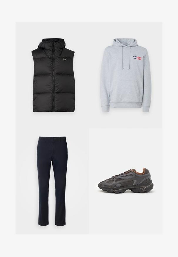 Črna puhovka brez rokavov s kapuco, ki ima osrednji zadrgo in majhen logotip. Narejena iz sijočega, toplotno izoliranega materiala s prešito zasnovo.; Siva kapuca bluzica iz bombažnega mešanega materiala. Ima sprednji žep in vrvico, z rdečim in mornarsko modrim logotipom na prsih.; Mornarsko modre hlače iz gladkega blaga, z ravnim krojem, z zankami za pas in gumbom za zapiranje s svetlico.; Lacoste teniske v temno sivi barvi z mrežasto in sintetično prevleko, s teksturiranim podplatom in rjavimi detajli na ovratniku ter blagovni znamki.