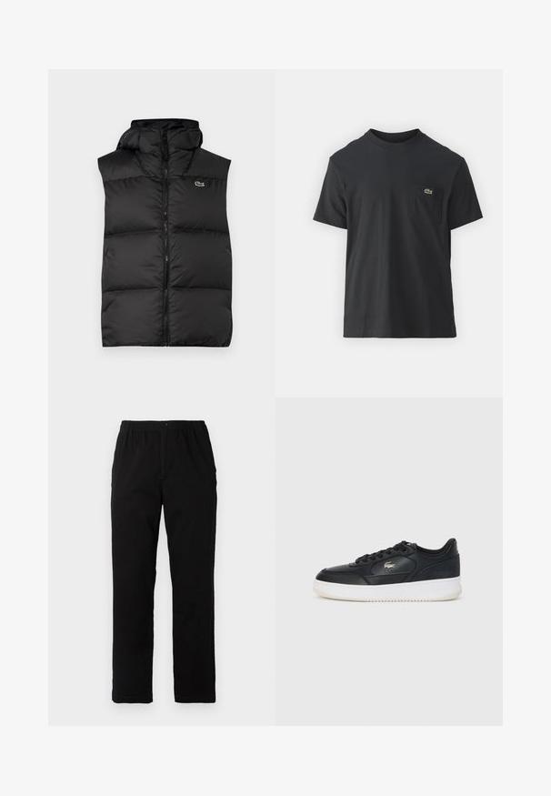 Black puffer vest with a hood, featuring a central zipper and a small logo. Made of shiny, insulated material with a quilted design.; Black cotton t-shirt with short sleeves, round neckline, and a small green logo on the left chest pocket. Simple design, regular fit.; Black pants made of cotton blend fabric, featuring a straight cut, elastic waistband with button, and no visible patterns or accents.; Black leather sneaker with white sole, featuring a rounded toe, lace-up design, and a subtle logo on the side. Textured upper accents.