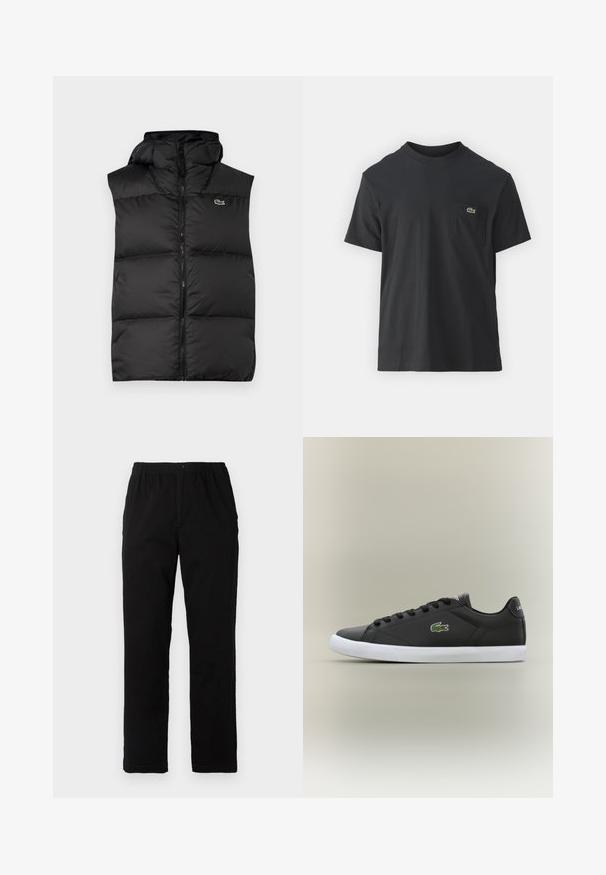 Črna puhovka brez rokavov s kapuco, ki ima osrednji zadrgo in majhen logotip. Narejena iz sijočega, toplotno izoliranega materiala s prešito zasnovo.; Črna bombažna majica s kratkimi rokavi, okroglo ovratnikom in majhnim zelenim logotipom na levem žepu. Preprost dizajn, redna prileganje.; Črne hlače iz mešanice bombaža, s ravnim krojem, elastičnim pasom z gumbom in brez vidnih vzorcev ali akcentov.; Črne usnjene superge z belo gumijasto podplatom, z zelenim krokodiljim logotipom in okroglimi vezalkami, elegantna zasnova z gladko teksturo.