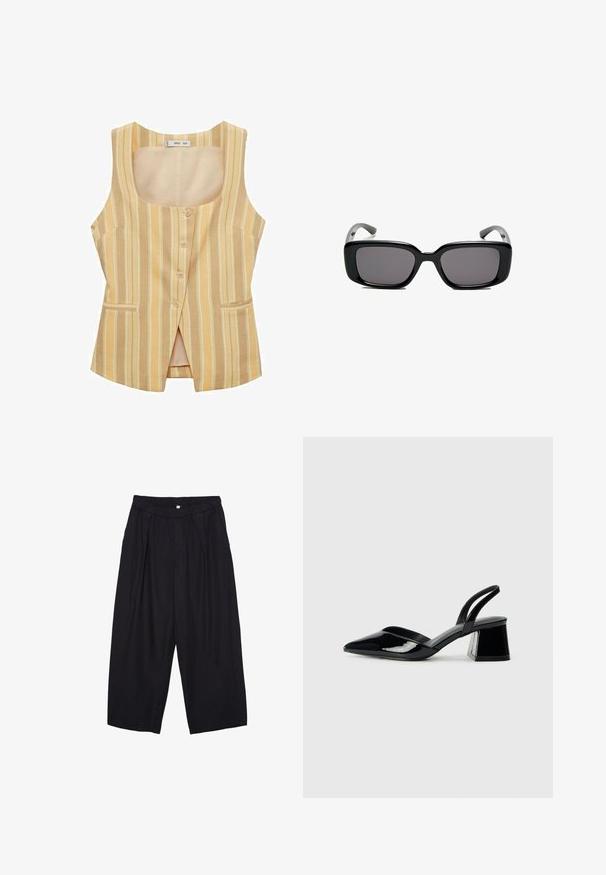 Gestreepte, mouwloze vest in tinten van geel en beige. Beschikt over een ronde halslijn, front knopen en twee zijzakken.; Zwarte katoenen T-shirt met een relaxed fit, korte mouwen, ronde hals en een gladde textuur. Geen zichtbare patronen of accenten.; Zwarte polyester culottes met een elastische tailleband, twee voorkreukels en een losse pasvorm. Geen zichtbare patronen of hardware-details.; Zwarte gepatineerde leren slingback hakken met een spitse neus en een geometrische blokhak. Kenmerkt zich door een slank, minimalistisch ontwerp en een gladde textuur.; Zwarte rechthoekige zonnebril met donkere lenzen, een gladde kunststof montuur en gebogen pootjes. Het ontwerp is robuust met een minimalistische esthetiek.