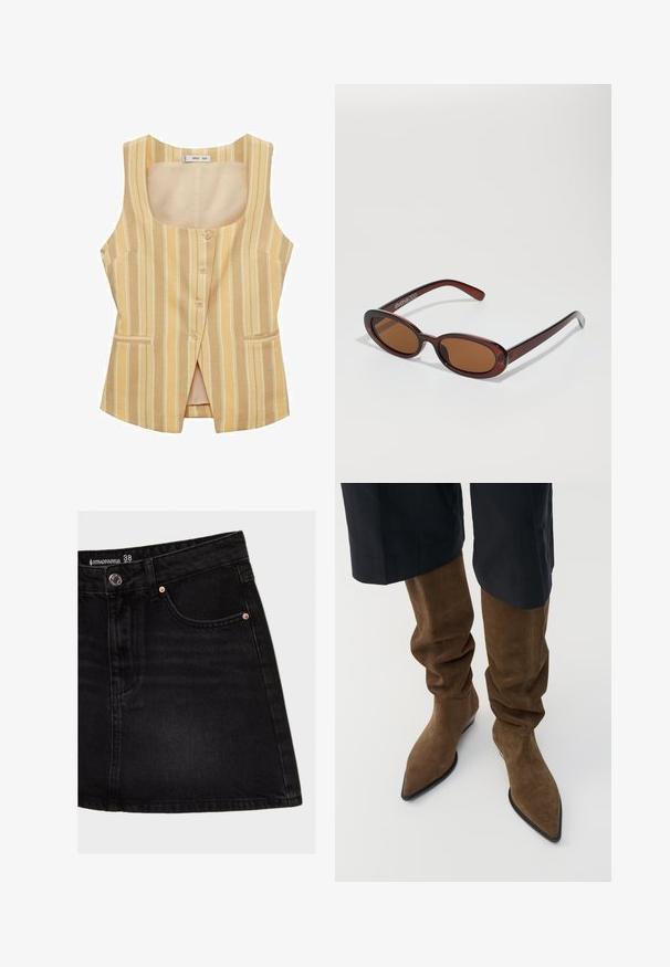 Pasiasty, bezrękawnik w odcieniach żółtego i beżowego. Posiada okrągły dekolt, guziki z przodu oraz dwie boczne kieszenie.; Biały top bez rękawów, prążkowana tekstura, okrągły dekolt, dopasowany krój, subtelne logo na metce wewnątrz obszaru kołnierza.; Czarna spódnica dżinsowa z wysokim stanem, z przednią kieszenią, miedzianymi nitami i prostym krojem. Tkanina ma gładką fakturę.; Brązowe zamszowe, luźne kozaki do kolan z ostrymi noskami i czarną podeszwą, o miękkiej fakturze i luzie w okolicy łydki.; Okrągłe, brązowe okulary przeciwsłoneczne z błyszczącą bordową oprawą. Cienkie ramiona z subtelnym detalem marki. Płaski kształt soczewek.; Żółta plisowana torebka wykonana z gładkiej sztucznej skóry, charakteryzująca się miękkim kształtem, pojedynczym paskiem na ramię oraz marszczonym designem u góry.; Zegarek kwarcowy Casio z prostokątną srebrną tarczą, złotymi akcentami oraz dwukolorową bransoletą metalową w srebrnym i złotym kolorze. Wodoszczelny.