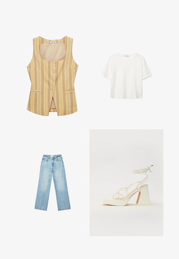 Prušasta, brezrokavna telovnik v odtenkih rumene in bež. Ima krožni izrez, sprednje gumbe in dve stranski žepki.; Bela kratka majica s kratkimi rokavi iz bombaža. Ima okroglo izrezovanje in sproščen kroj. Gladka tekstura brez vidnih vzorcev ali poudarkov.; Svjetloplave široke traperice s visokim strukom, s izblijedjelim pranjem i malim, raštrkanim oštećenjima po cijelom dijelu.; Bela sandala na visokih petah s debelim petam, ki ima obliko trakcev in vezanje okoli gležnja. Gladka tekstura z platformo spredaj za dodatno višino.