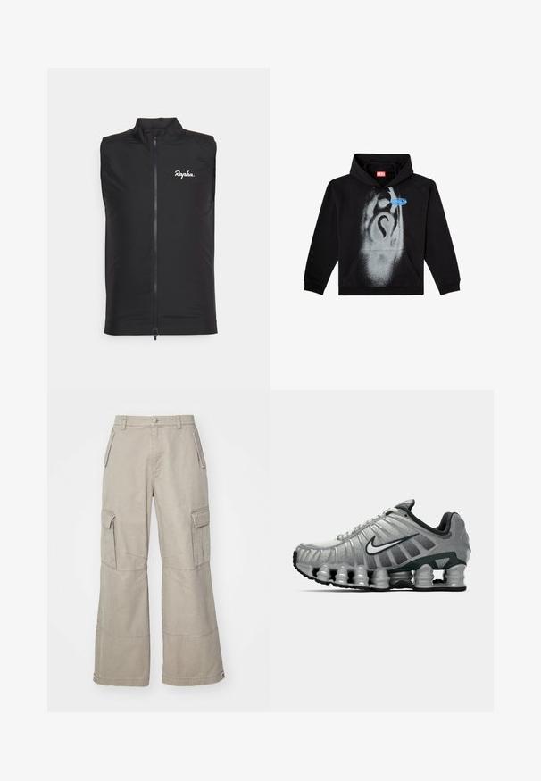 Zwarte mouwloze fietsvest gemaakt van lichtgewicht stof, met hoge kraag en een voorrits, en een witte "Rapha" logo op de linkerborst.; Zwarte hoodie van katoen. Voorzien van een voorzak, een capuchon met koord en een grijze spuitverfontwerp met een blauwe etiketaccent.; Khaki cargobroek van katoenmix, met wijde pijpen, meerdere zijzakken en subtiele stikseldetails.; Grijze en zwarte Nike hardloopschoen met zichtbare veerachtige demping onder de zool en een wit swoosh-logo aan de zijkant.
