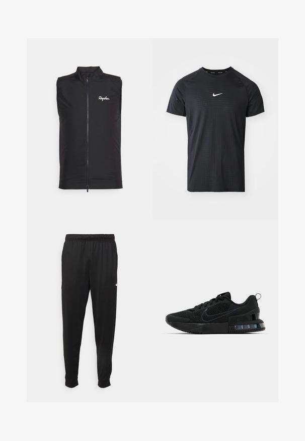 Schwarze ärmellose Radweste aus leichtem Material, mit hohem Kragen und Reißverschluss vorne, mit weißem "Rapha"-Logo auf der linken Brust.; Schwarzes sportliches T-Shirt aus Stoff mit strukturiertem Muster. Es hat kurze Ärmel und ein weißes Nike-Logo auf der Brust.; Schwarze Sporthosen aus glattem Stoff, mit einem elastischen Bund, schmal zulaufenden Beinen und einem kleinen weißen Logo auf der linken Seite.; Schwarzer Nike Sportschuh mit einem Mesh-Obermaterial, gummierter Sohle, gepolstertem Kragen und einem auffälligen transparenten Fersenakzent.