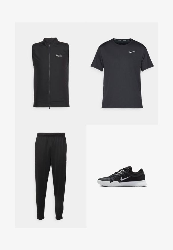 Gilet da ciclismo senza maniche di colore nero, realizzato in tessuto leggero, con colletto alto e zip frontale, con il logo bianco "Rapha" sul petto sinistro.; Maglietta da corsa Nike nera realizzata in materiale leggero e traspirante, con maniche corte e un piccolo logo bianco sul petto.; Pantaloni sportivi neri realizzati in tessuto liscio, con una vita elastica, gambe affusolate e un piccolo logo bianco sul lato sinistro.; Scarpa sportiva nera con tomaia testurizzata, logo Nike swoosh bianco e suola in gomma bianca. Presenta un design con lacci e una forma dinamica.