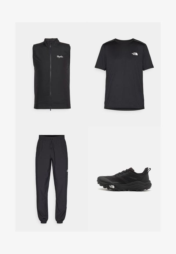 Melnas bez piedurknēm velosipēdu veste, kas izgatavota no viegla auduma, ar augstu apkakli un priekšējo rāvējslēdzēju, ar baltu "Rapha" logotipu kreisajā krūtī.; Melnas īsām piedurknēm T-kreklas, izgatavots no viegla auduma. Uz kreisā krūtīm ir neliels balts logo un smalki plecu akcenti.; Melni sporta bikses, kas izgatavotas no viegla auduma, ar savelcamu jostu, sānu kabatām un sašaurinātiem apakšējiem galiem pie potītēm.; Melnas taku skriešanas kurpes ar teksturētu virsu, gumijas zoli un pastiprinātu pirkstu daļu. Aprīkotas ar mīkstu apkakli un vilkšanas cilpu, lai viegli uzvilktu.