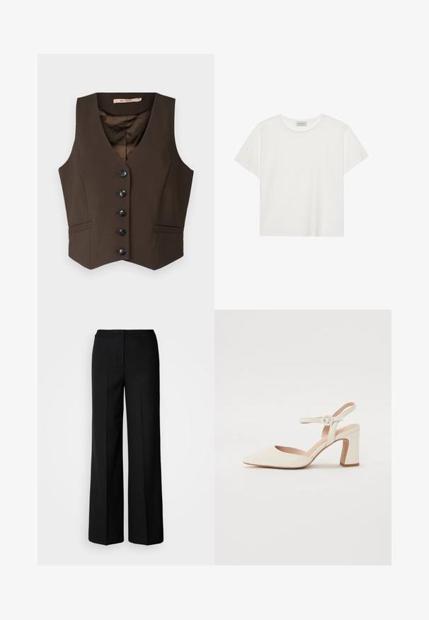 Rue de Femme HANANE VEST - Vest - bitter chocolate; Hvit T-skjorte med kort erm laget av myk bomull. Har rund hals og avslappet passform. Rent design uten synlige mønstre eller aksenter.; Svarte vide bukser med et glatt stoff, med høy livvidde, skreddersydde sømmer og et minimalistisk design. Ingen synlig maskinvare eller lommer.; Spiss tå, kremfarget pumpe med blokkhel. Har en tynn ankelrem med en rund spenne og en glatt skinntekstur.