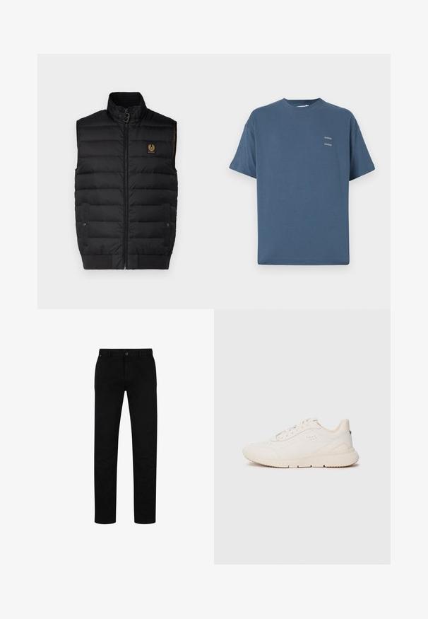 Čierna vypchávkovaná vesta s vysokým golierom, predným zipsom, dvoma vreckami a logom. Má hladký vonkajší textúr a prešívaný vzor.; Modrá bavlnená tričko s klasickým okrúhlym výstrihom, krátkymi rukávmi, voľným strihom a dvoma malými potlačenými logami na hrudi. Hladká textúra.; Čierne bavlnené nohavice so strihom rovného strihu, s gombíkovým zapínaním, pútkami na opasok a minimalistickým dizajnom. Hladká textúra, bez vzorov.; Biele tenisky vyrobené z texturovaného materiálu, s hladkou podrážkou, šnurovaním vpredu a decentným logom na päte. Minimalistický dizajn.