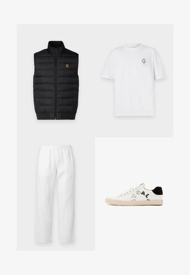 Črn podložen brezrokavnik z visokim ovratnikom, sprednjim zadrgo, dvema žepoma in logotipom. Ima gladko zunanjo teksturo in prešito vzorčno zasnovo.; Bela bombažna majica s sproščenim krojem, ki ima majhen črn grafični logotip na levem prsnem delu. Kratke rokave, okrogel izrez.; Bele lanene hlače z elastičnim pasom, ravnim krojem in mehko teksturo brez vidnih vzorcev ali kovinskih detajlov.; Bela usnjena športna obutev z črnimi poudarki na peti, ki se ponaša z izrazitim črnim napisom na strani in gumijastim podplatom. Minimalistična zasnova.