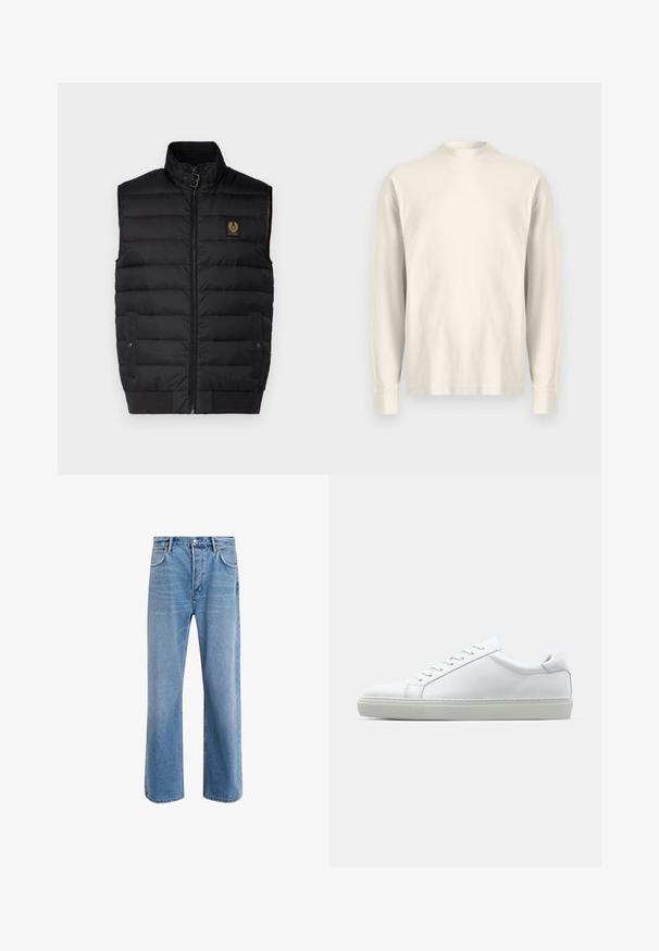 Černá vycpaná vesta s vysokým límečkem, předním zipem, dvěma kapsami a nášivkou s logem. Vyznačuje se hladkým vnějším povrchem a prošívaným vzorem.; Halenka s dlouhým rukávem a stojáčkem z jemné krémové bavlny. Hladký povrch, volný střih, minimalistický design, bez viditelných vzorů nebo akcentů.; Světle modré džínové kalhoty s rovnými nohavicemi, pěti kapsami, zapínáním na knoflík, minimálním vyblednutím a kontrastním prošitím.; Bílé tenisky s hladkým koženým svrškem a nízkým profilem. Mají zaoblenou špičku, šest nýtů a texturovanou gumovou podrážku.