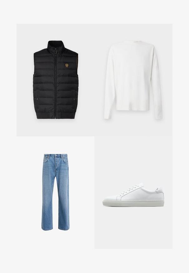 Must have kõrge kaelusega must polsterdatud vest, millel on ees lukk, kaks taskut ja logotäht. Omab siledat välist struktuuri ja tikandimustrit.; Pikad varrukad, valge puuvillane särk ümmarguse kaelusega, külgedel lõhikud all ja sile tekstuur, nähtav tagant.; Heledad sinine teksapüksid otse lõikega, viie taskuga, nupuga sulgemine, minimaalne kulumine ja kontrastsed õmbluse detailid.; Valge tennisetoss, millel on sile nahk pealis ja madal profiil. Omab ümarat ninaosa, kuut silmust ja tekstuuriga kummist talda.