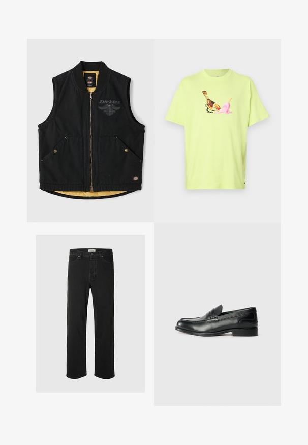 Dickies DICKIES X HARLEY DAVIDSON INSULATED VEST - Weste - black; Limegrünes Baumwoll-T-Shirt mit einem grafischen Druck eines Vogels und einer pinken Eistüte, mit einem einfachen Rundhalsausschnitt und kurzen Ärmeln.; Schwarze Denim-Jeans im Straight-Leg-Schnitt verfügen über ein klassisches Fünf-Taschen-Design mit Knopfverschluss, minimaler Naht und einer weichen Textur.; Schwarze Lederloafers mit glatter Oberfläche, gesteppten Details über dem Vorderblatt und einem leicht erhöhten Absatz.